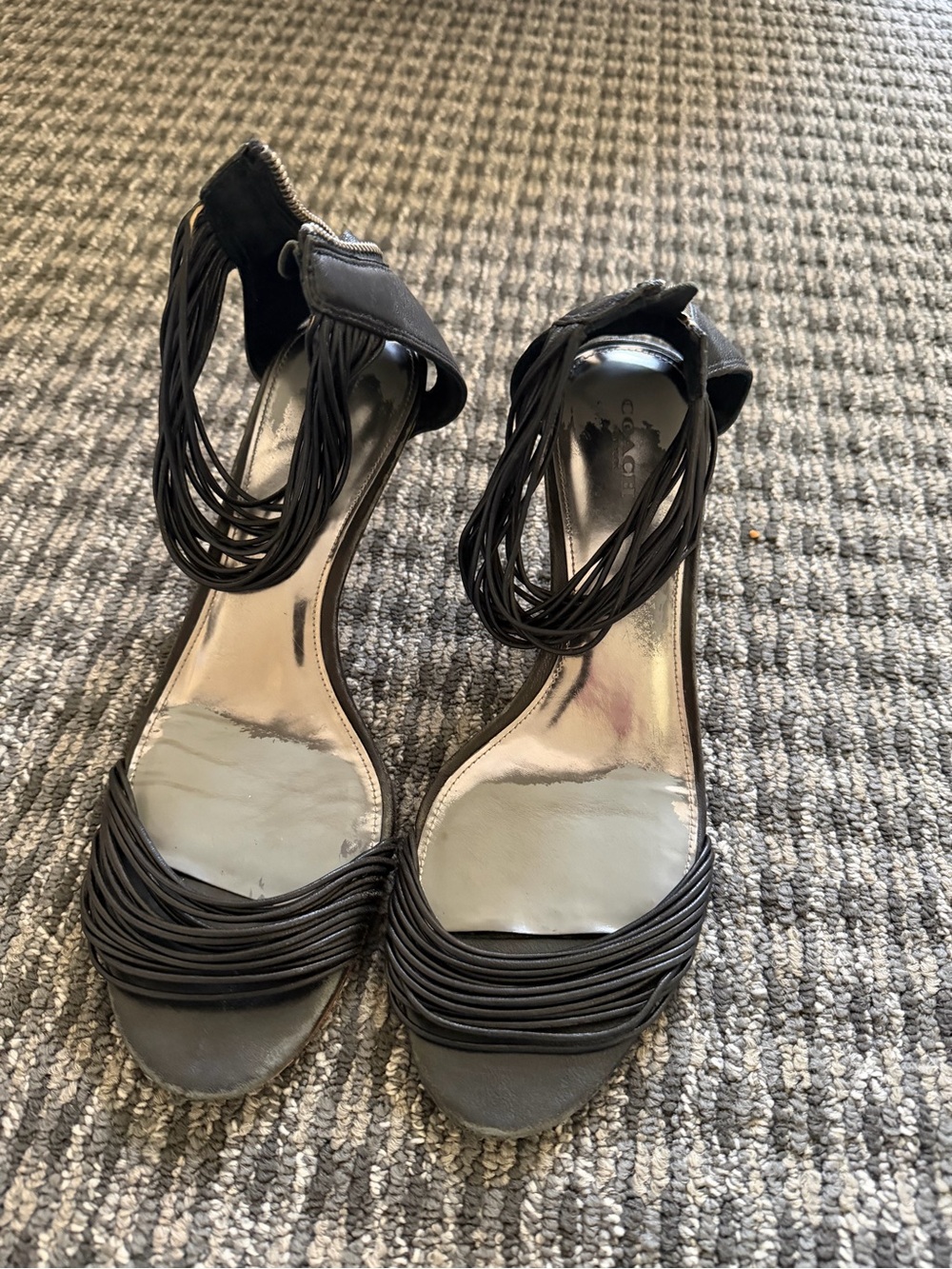 Coach Black Strappy Fringe Ankle-Wrap Heels